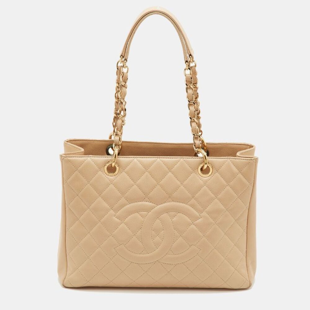 Chanel Gst Beige Quilted Caviar Leather Grand Shopping Tote